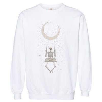 Cool Funny Halloween Skeleton On A Moon Swing Garment-Dyed Sweatshirt
