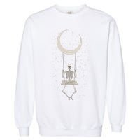 Cool Funny Halloween Skeleton On A Moon Swing Garment-Dyed Sweatshirt