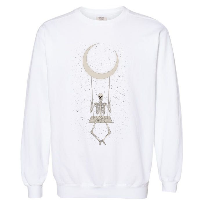 Cool Funny Halloween Skeleton On A Moon Swing Garment-Dyed Sweatshirt