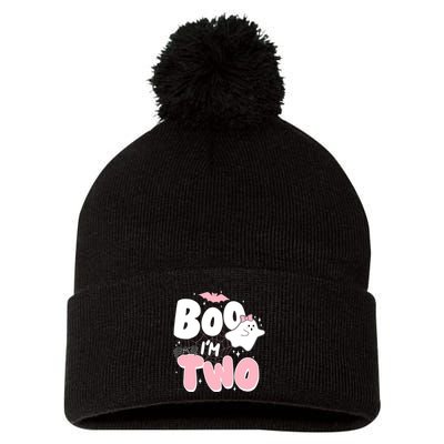 Cute Funny Halloween Boo Im Two Birthday Ghost Girl Pom Pom 12in Knit Beanie