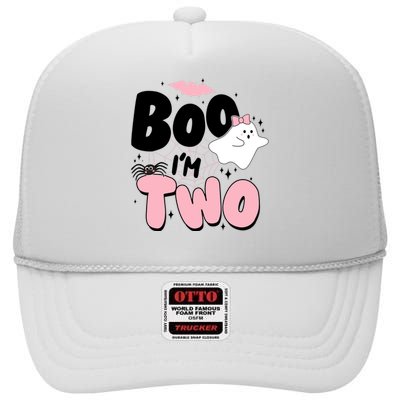 Cute Funny Halloween Boo Im Two Birthday Ghost Girl High Crown Mesh Back Trucker Hat