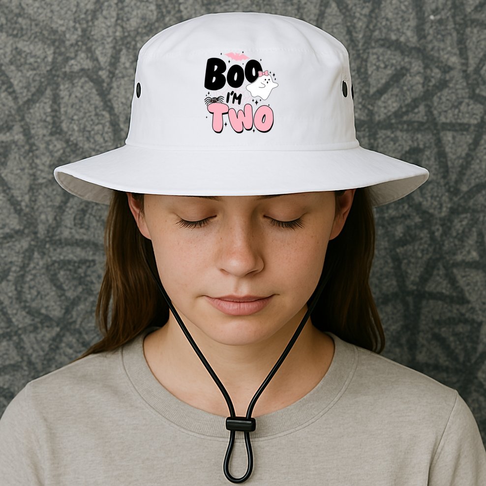 Cute Funny Halloween Boo Im Two Birthday Ghost Girl Bucket Hat