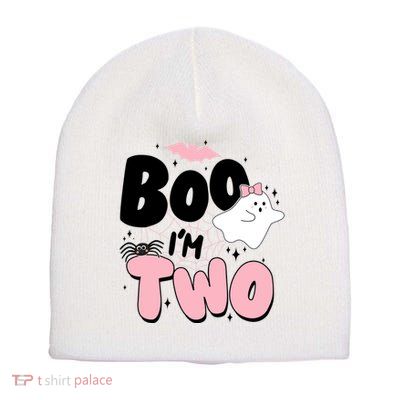 Cute Funny Halloween Boo Im Two Birthday Ghost Girl Short Acrylic Beanie