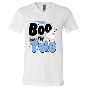 Cute Funny Halloween Boo Im Two Birthday Ghost Boy V-Neck T-Shirt