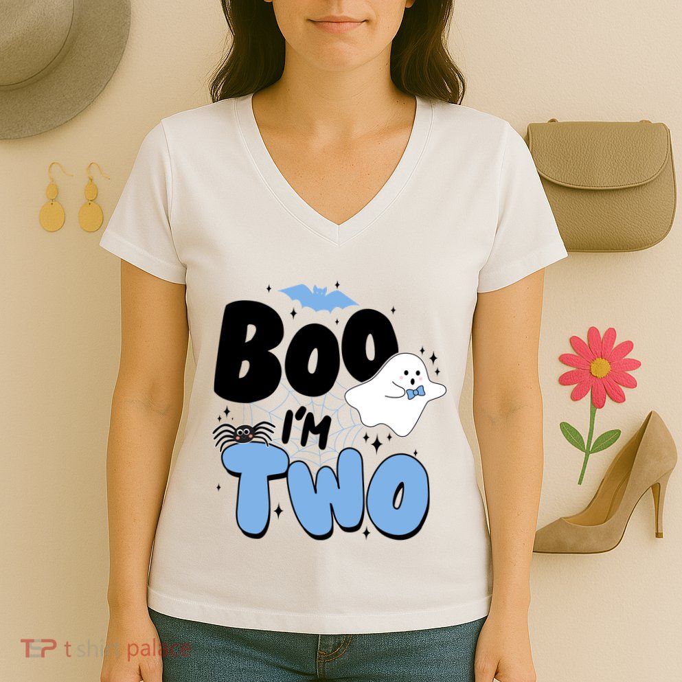 Cute Funny Halloween Boo Im Two Birthday Ghost Boy Women's V-Neck T-Shirt