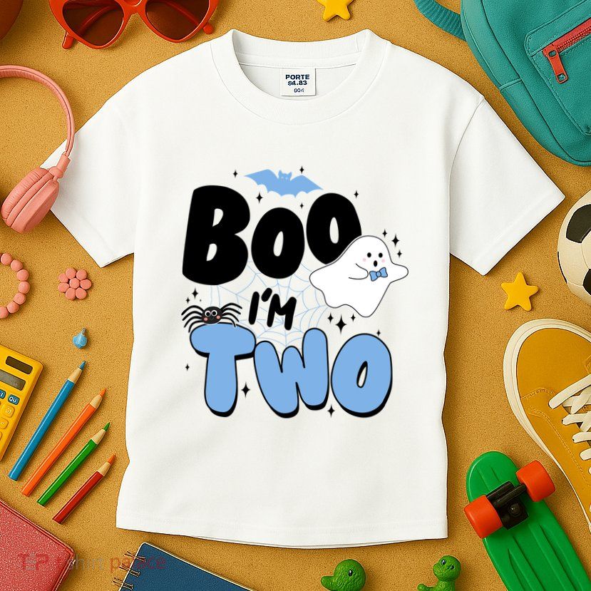 Cute Funny Halloween Boo Im Two Birthday Ghost Boy Kids T-Shirt
