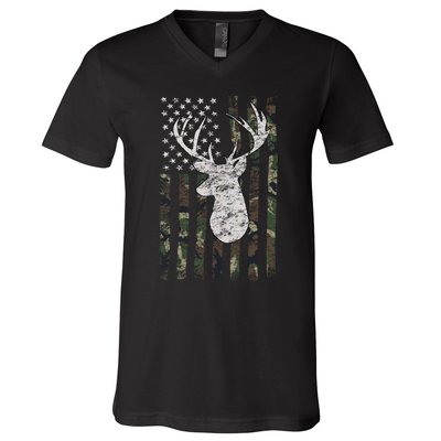 Camouflage Flag Hunter Buck Deer Hunting V-Neck T-Shirt