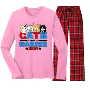 Cats For Harris Vote Kamala Harris 2024 Election Women's Long Sleeve Flannel Pajama Set 