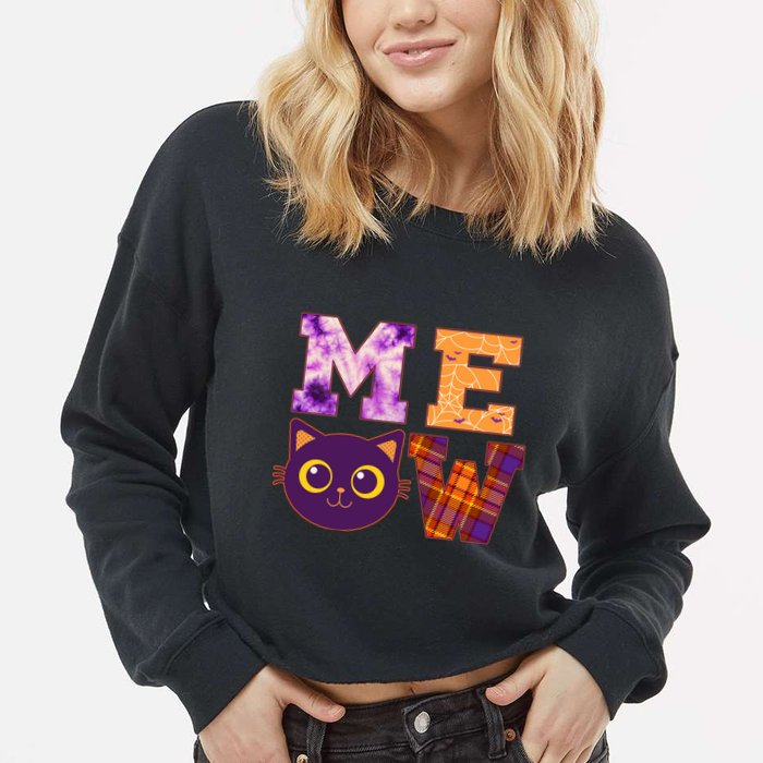 Cute Fall Halloween Cat MEOW Cropped Pullover Crew