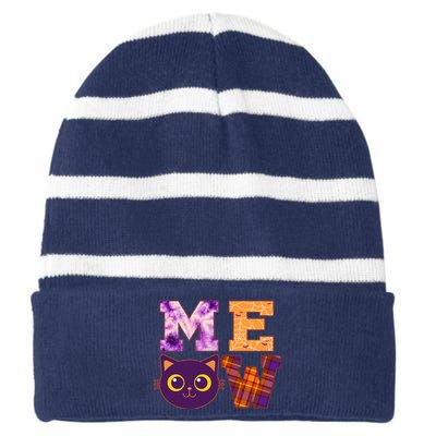 Cute Fall Halloween Cat MEOW Striped Beanie with Solid Band