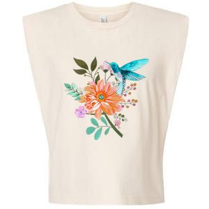 Colorful Flowers Hummingbird Graphic Design Premium Garment-Dyed Women's Muscle Tee