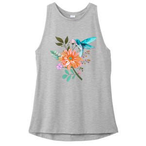 Colorful Flowers Hummingbird Graphic Design Premium Ladies PosiCharge Tri-Blend Wicking Tank