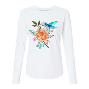 Colorful Flowers Hummingbird Graphic Design Premium Womens Cotton Relaxed Long Sleeve T-Shirt