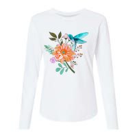 Colorful Flowers Hummingbird Graphic Design Premium Womens Cotton Relaxed Long Sleeve T-Shirt