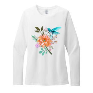 Colorful Flowers Hummingbird Graphic Design Premium Womens CVC Long Sleeve Shirt