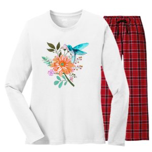 Colorful Flowers Hummingbird Graphic Design Premium Women's Long Sleeve Flannel Pajama Set 