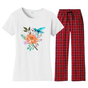 Colorful Flowers Hummingbird Graphic Design Premium Women's Flannel Pajama Set