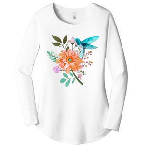 Colorful Flowers Hummingbird Graphic Design Premium Women's Perfect Tri Tunic Long Sleeve Shirt