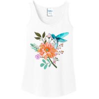 Colorful Flowers Hummingbird Graphic Design Premium Ladies Essential Tank