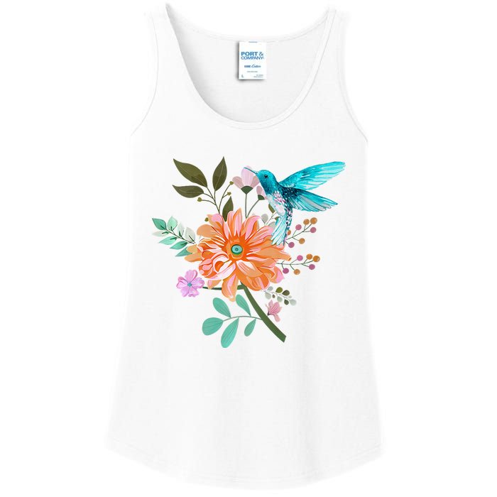 Colorful Flowers Hummingbird Graphic Design Premium Ladies Essential Tank