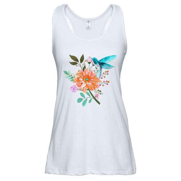 Colorful Flowers Hummingbird Graphic Design Premium Ladies Essential Flowy Tank