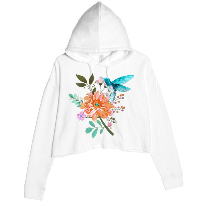 Colorful Flowers Hummingbird Graphic Design Premium Crop Fleece Hoodie