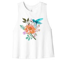 Colorful Flowers Hummingbird Graphic Design Premium Women's Racerback Cropped Tank