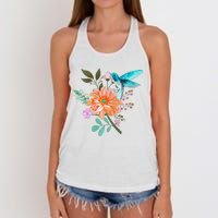 Colorful Flowers Hummingbird Graphic Design Premium Women's Knotted Racerback Tank