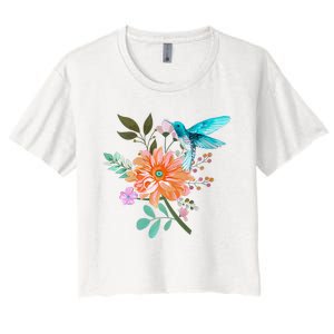 Colorful Flowers Hummingbird Graphic Design Premium Women's Crop Top Tee