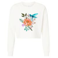 Colorful Flowers Hummingbird Graphic Design Premium Cropped Pullover Crew