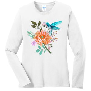 Colorful Flowers Hummingbird Graphic Design Premium Ladies Long Sleeve Shirt