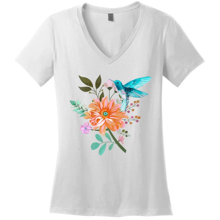 Colorful Flowers Hummingbird Graphic Design Premium Women's V-Neck T-Shirt