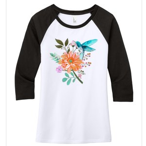 Colorful Flowers Hummingbird Graphic Design Premium Women's Tri-Blend 3/4-Sleeve Raglan Shirt