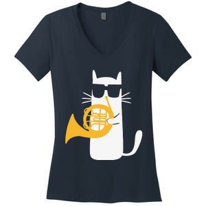 Cat French Horn Funny Cat Lover Women's V-Neck T-Shirt