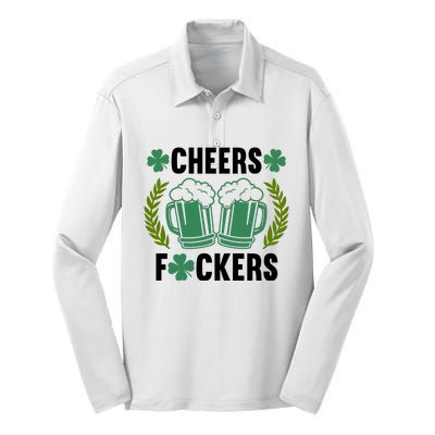 Cheers F*Ckers Hilarious St Patricks Day Silk Touch Performance Long Sleeve Polo