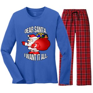 Christmas Funny Humor Design Gift Dear Santa I Want It All Cute Gift Women's Long Sleeve Flannel Pajama Set 