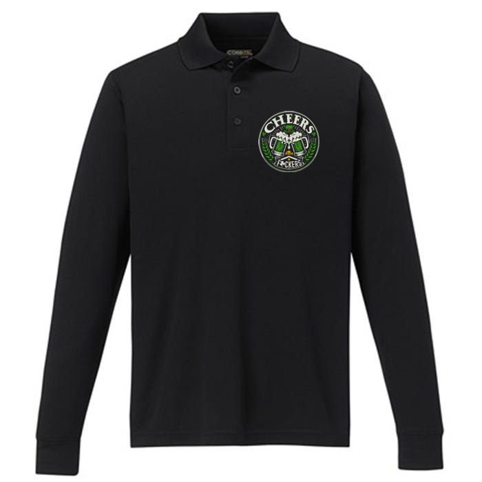 Cheers Fckers Irish Beer Drinking Saint Patricks Day Funny Funny Gift Performance Long Sleeve Polo