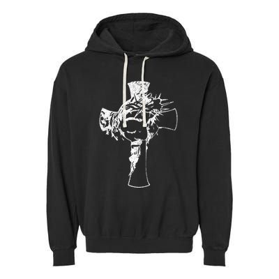 Christ Face In Cross Vintage Bible Verse Religious Garment-Dyed Fleece Hoodie