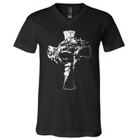 Christ Face In Cross Vintage Bible Verse Religious V-Neck T-Shirt