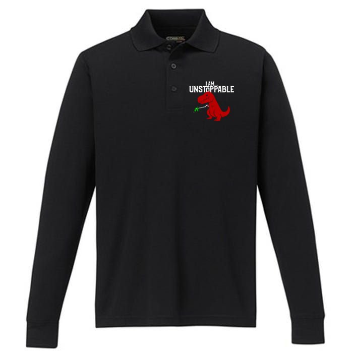 Cute & Funny I Am Unstoppable TRex Dinosaur Performance Long Sleeve Polo