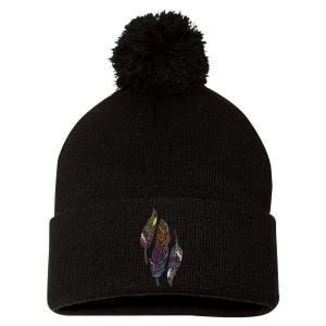 Colorful Feathers Indigenous People Indian Native American Pom Pom 12in Knit Beanie