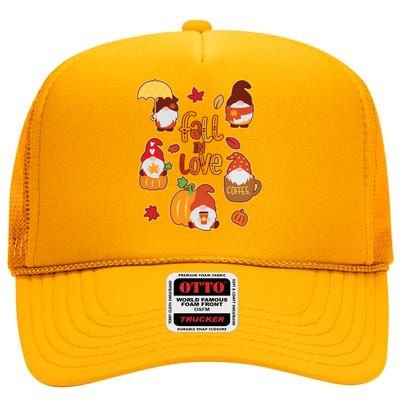 Cute Fall In Love Autumn Gnomes High Crown Mesh Back Trucker Hat