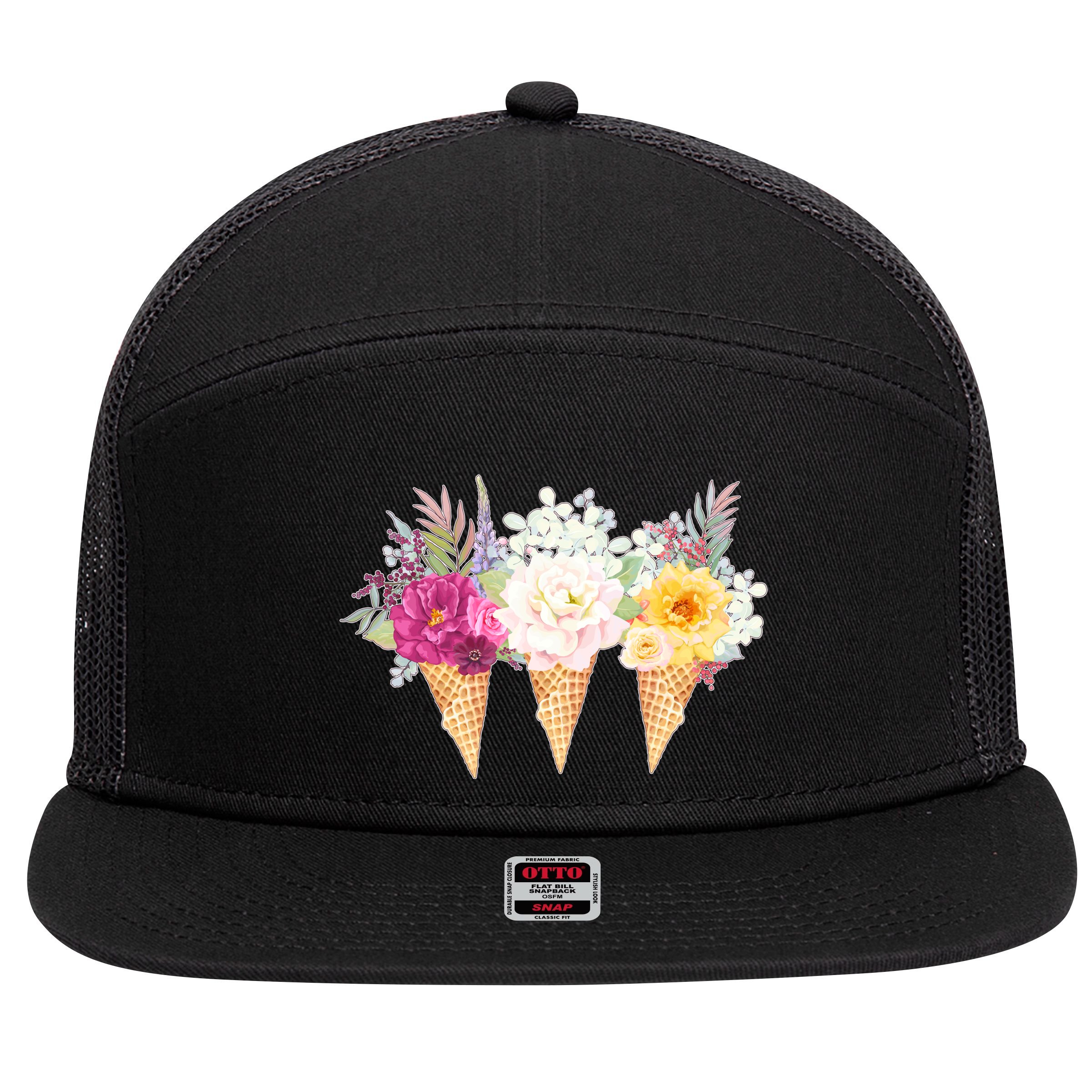 Cute Flower Ice Cream Cone Bouquets 7 Panel Mesh Trucker Snapback Hat