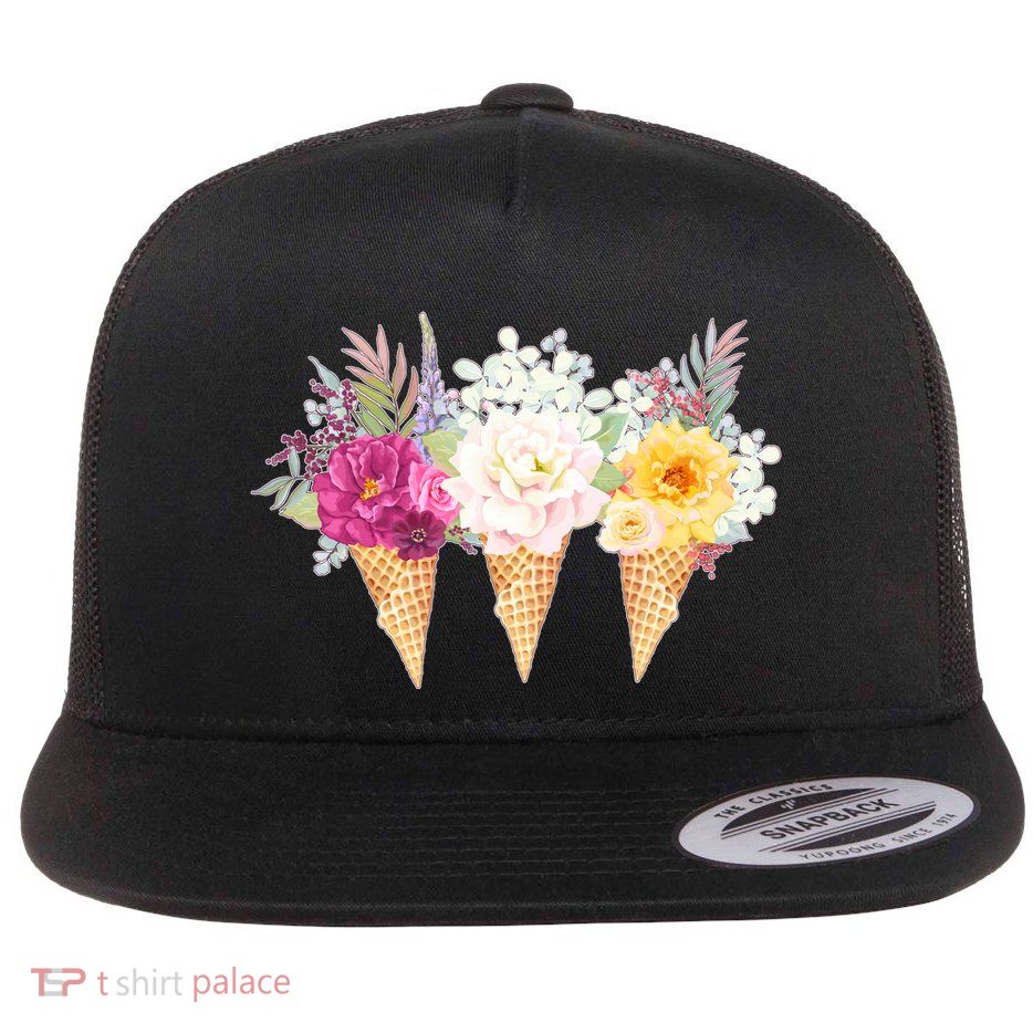 Cute Flower Ice Cream Cone Bouquets Flat Bill Trucker Hat