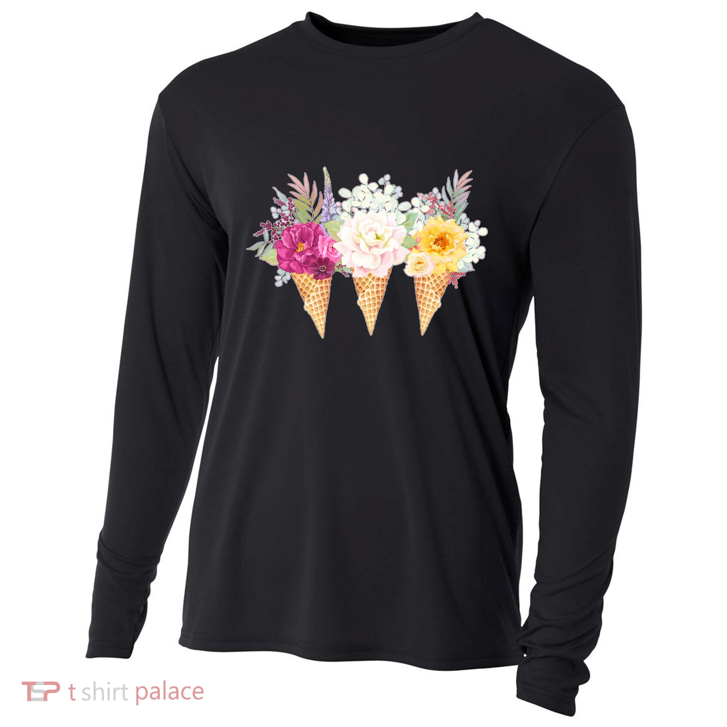 Cute Flower Ice Cream Cone Bouquets Cooling Performance Long Sleeve Crew