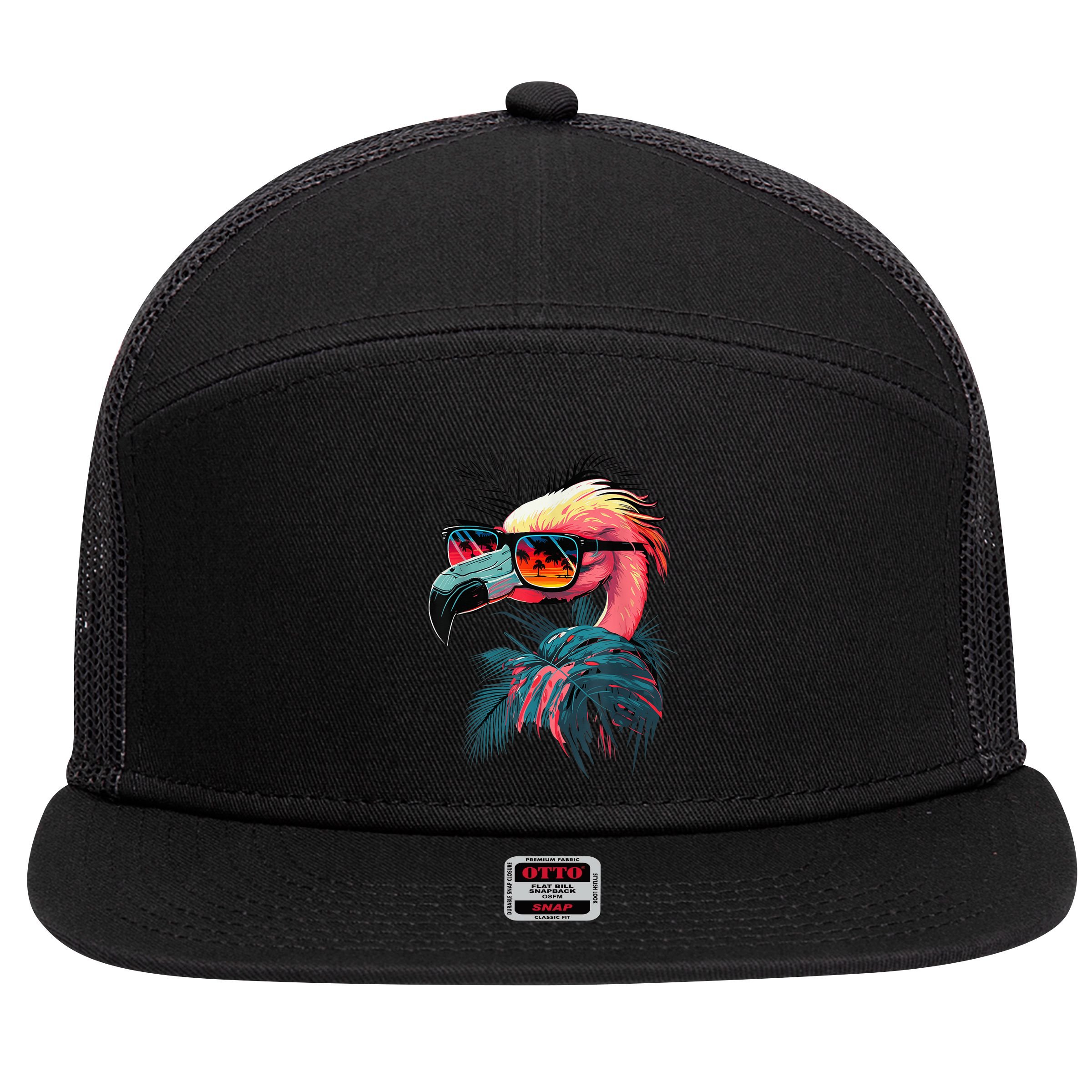 Cute Flamingo in Sunglasses Retro Vintage Funny Beach Summer 7 Panel Mesh Trucker Snapback Hat