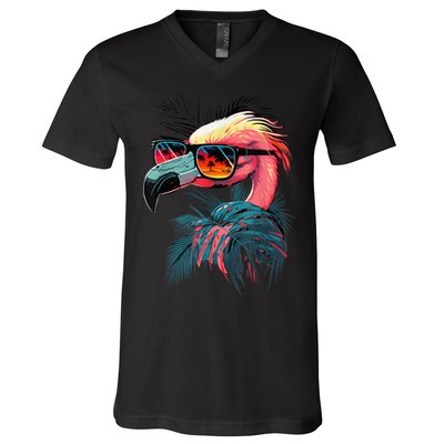 Cute Flamingo in Sunglasses Retro Vintage Funny Beach Summer V-Neck T-Shirt