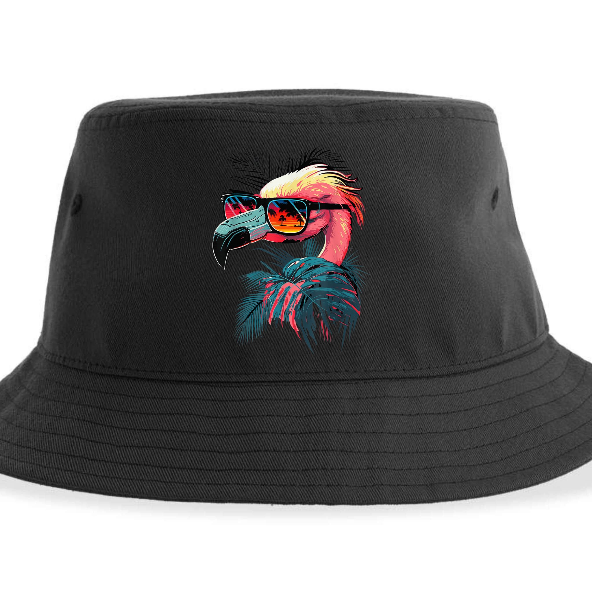 Cute Flamingo in Sunglasses Retro Vintage Funny Beach Summer Sustainable Bucket Hat