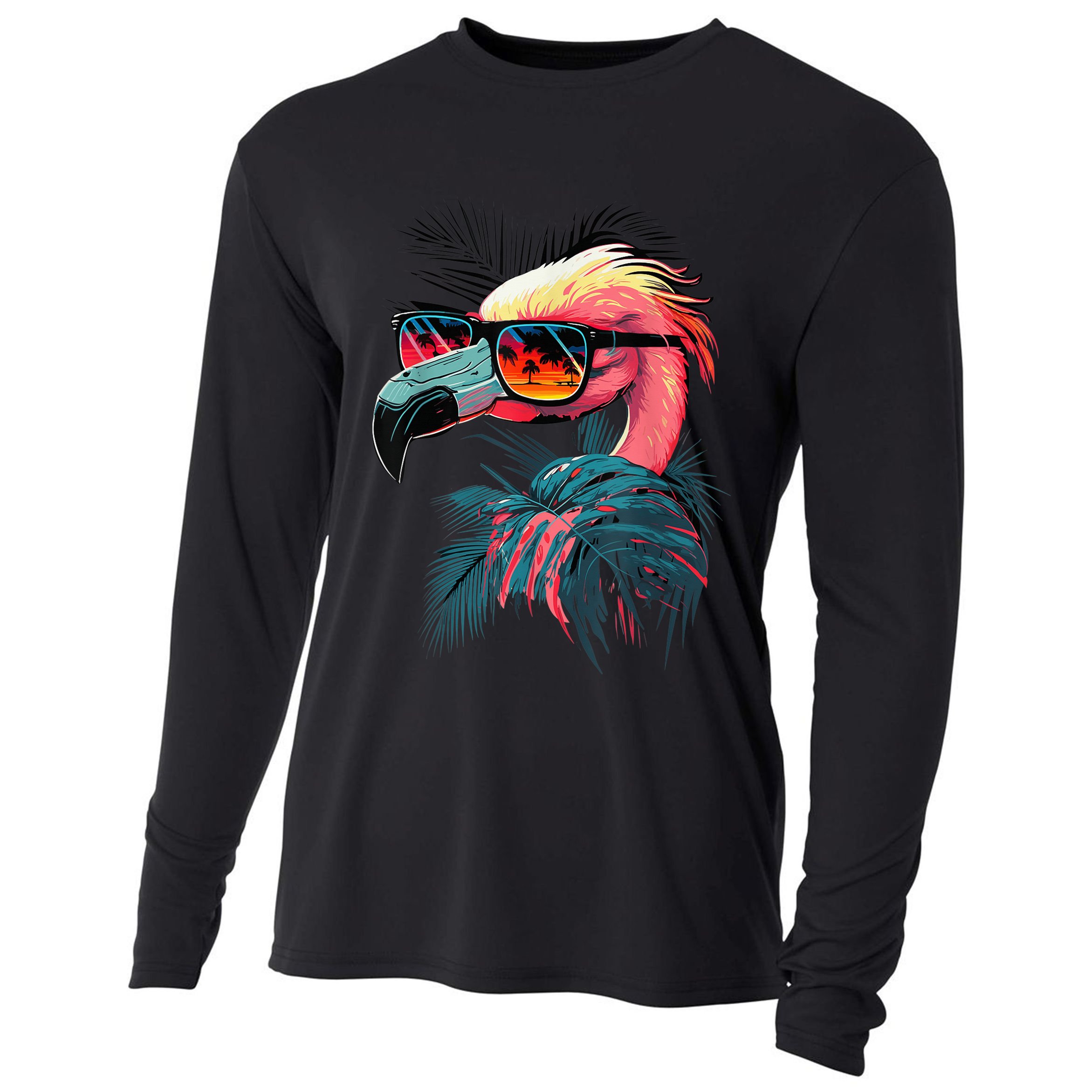 Cute Flamingo in Sunglasses Retro Vintage Funny Beach Summer Cooling Performance Long Sleeve Crew