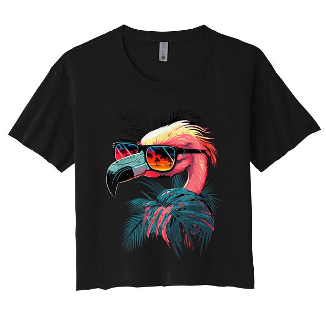 Cute Flamingo in Sunglasses Retro Vintage Funny Beach Summer Crop Top
